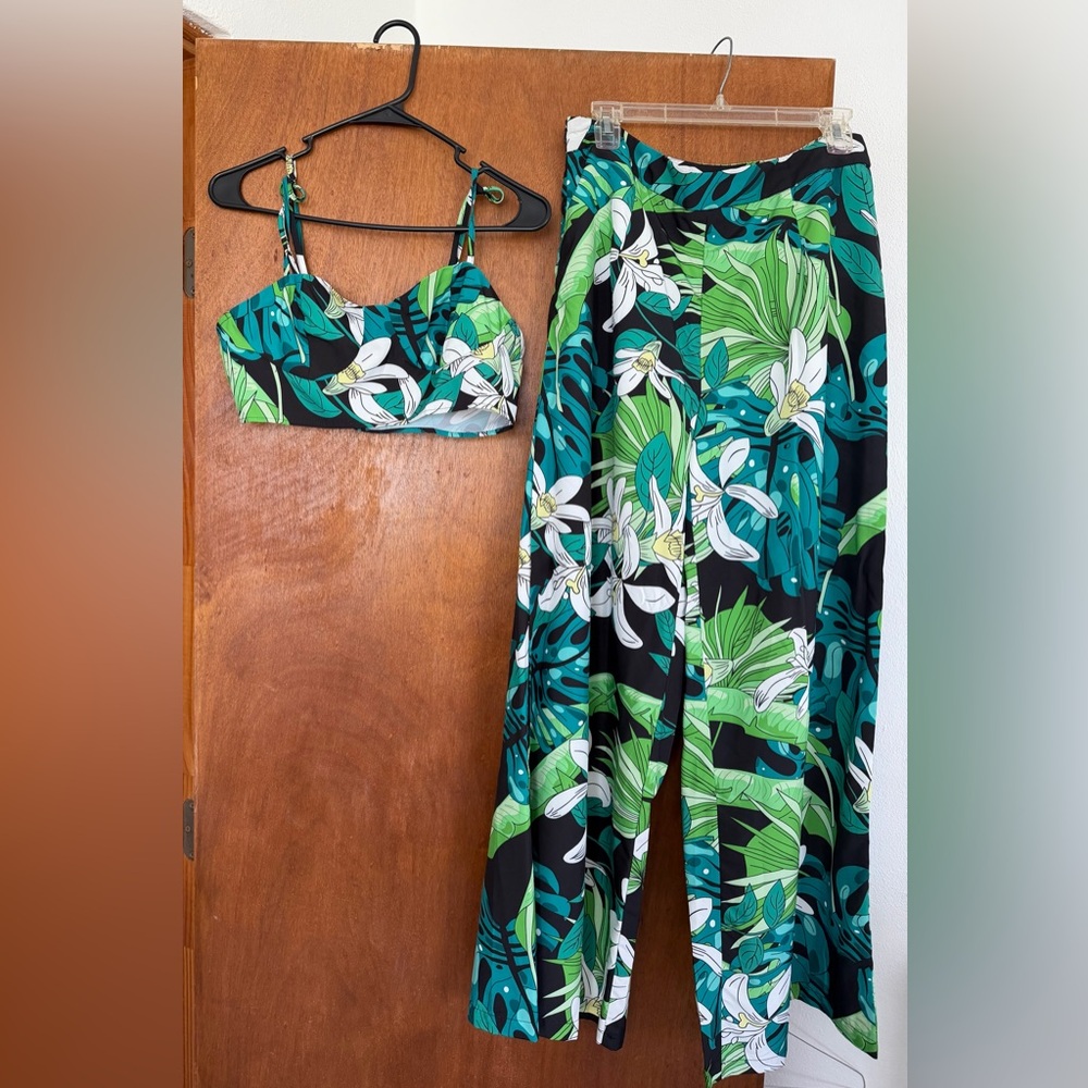 Tropical Floral Two-Piece Set - Green, Teal & Black